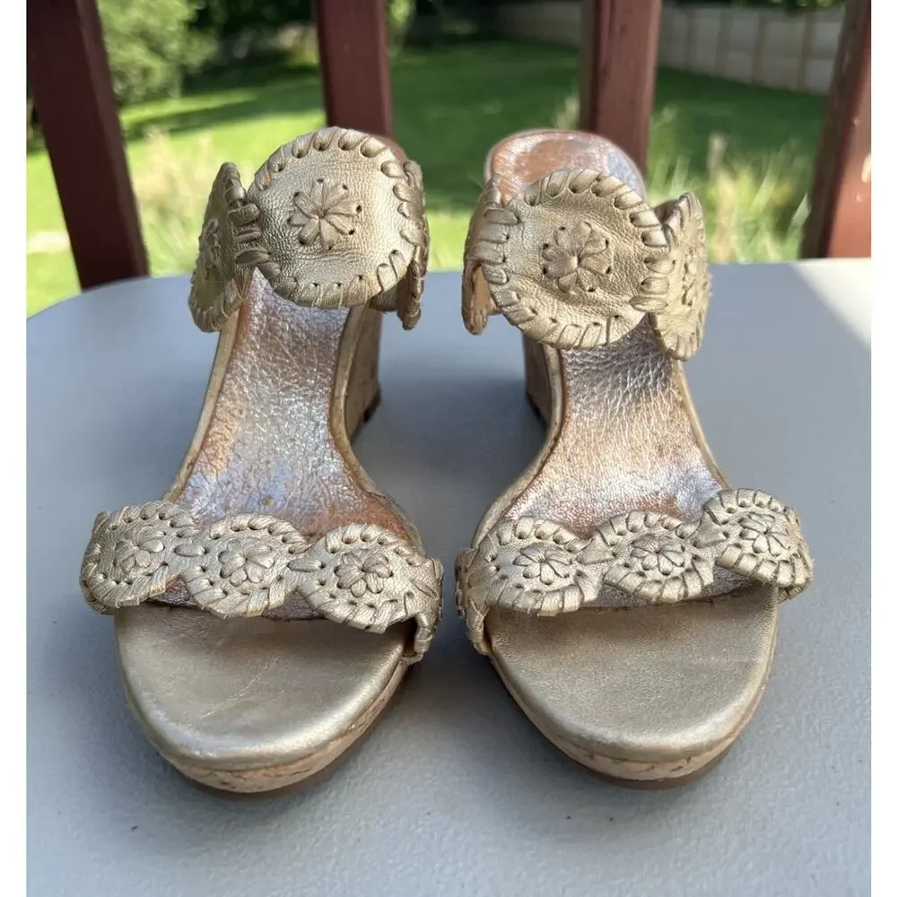 Jack Rogers Luccia Gold Leather Cork Wedge Heel Women’s Sz 7 Heels Sandals